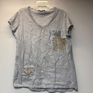 Grey Violet T-Shirt Women Large Grey Excellent Sequin Patch Distressed Italy